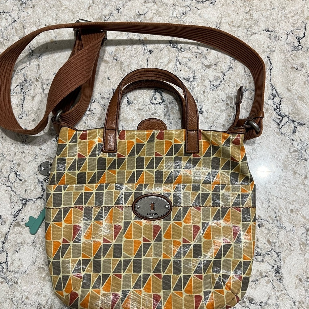 Fossil Brown and Orange Crossbody Bag with Geometric Pattern